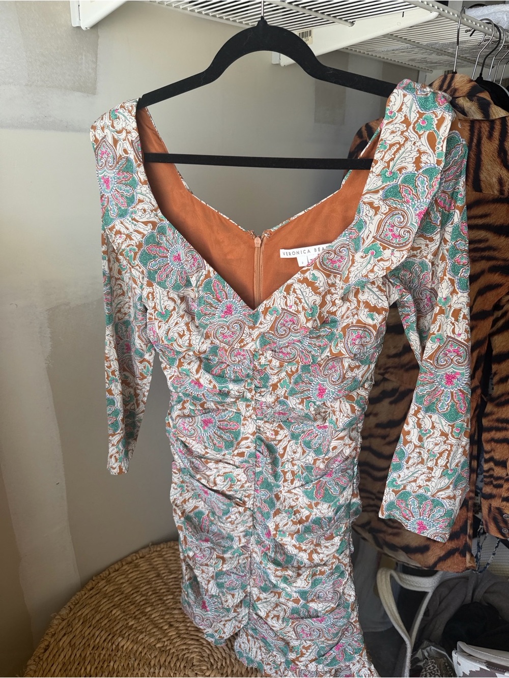 Veronica Beard Paisley Ruched Long-Sleeve Dress in Rust, Teal, Pink and Cream